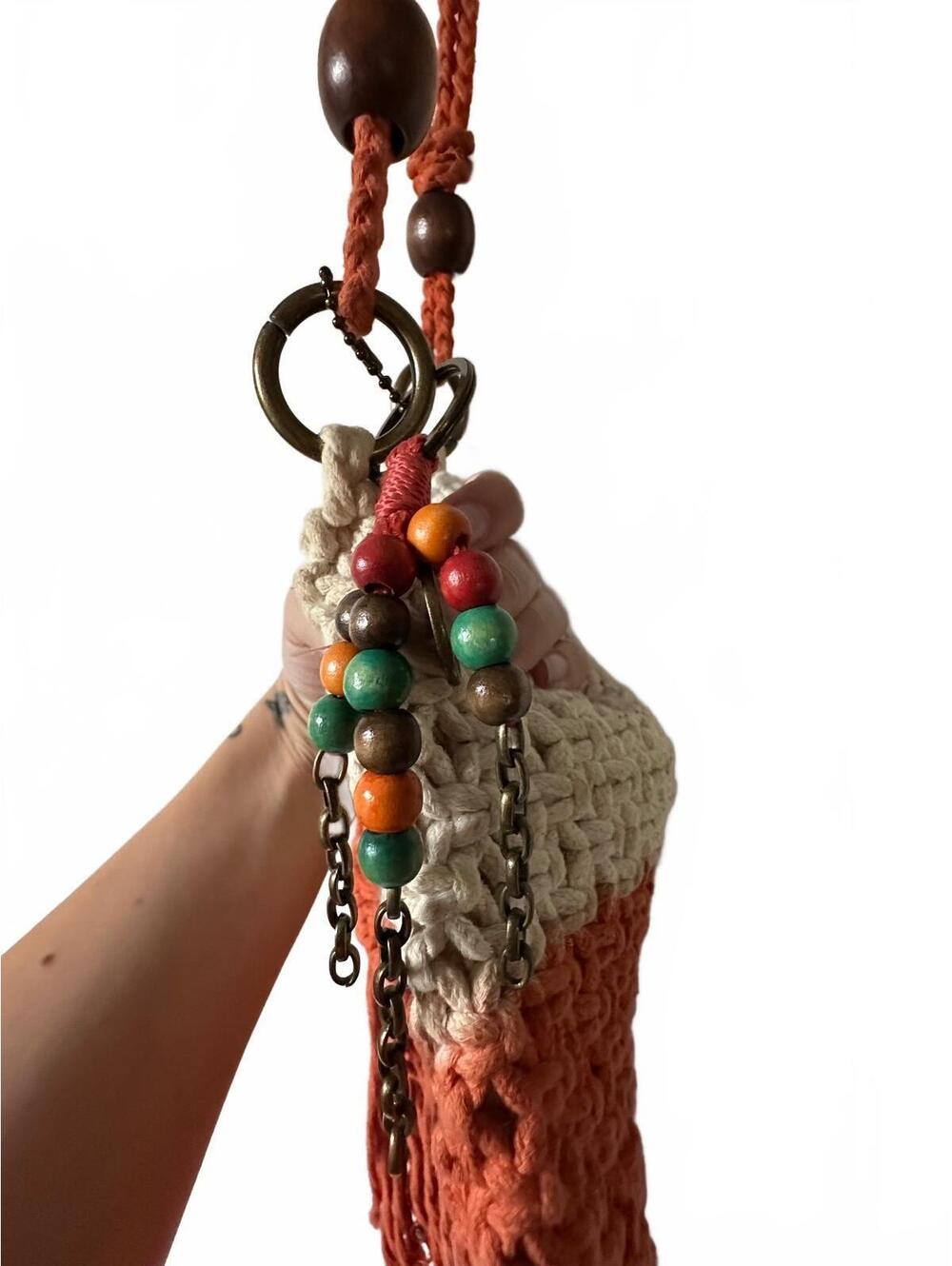 The Sak Macrame Crossbody Bag with Fringe in Beige and Coral - Picture 3 of 6